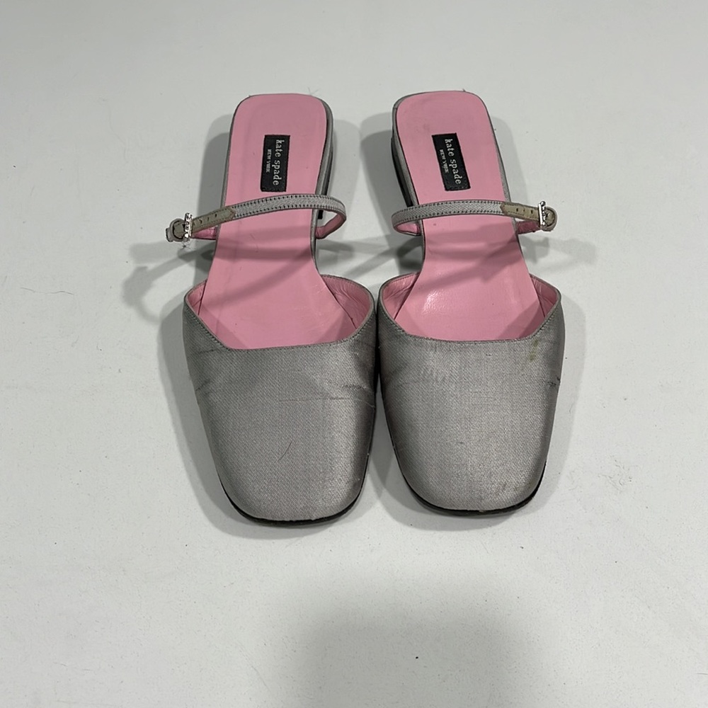 Kate Spade Soft Gray Dupioni Silk Square Toe Strap Low Heel - Picture 2 of 14